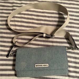 Michael Kors Blue Denim Clutch Crossbody with Beige Strap